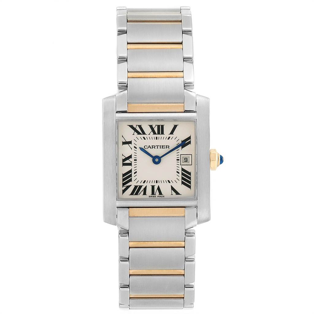 The image shows a front view of the Cartier Tank Française watch, highlighting its rectangular face and metal bracelet with gold accents.