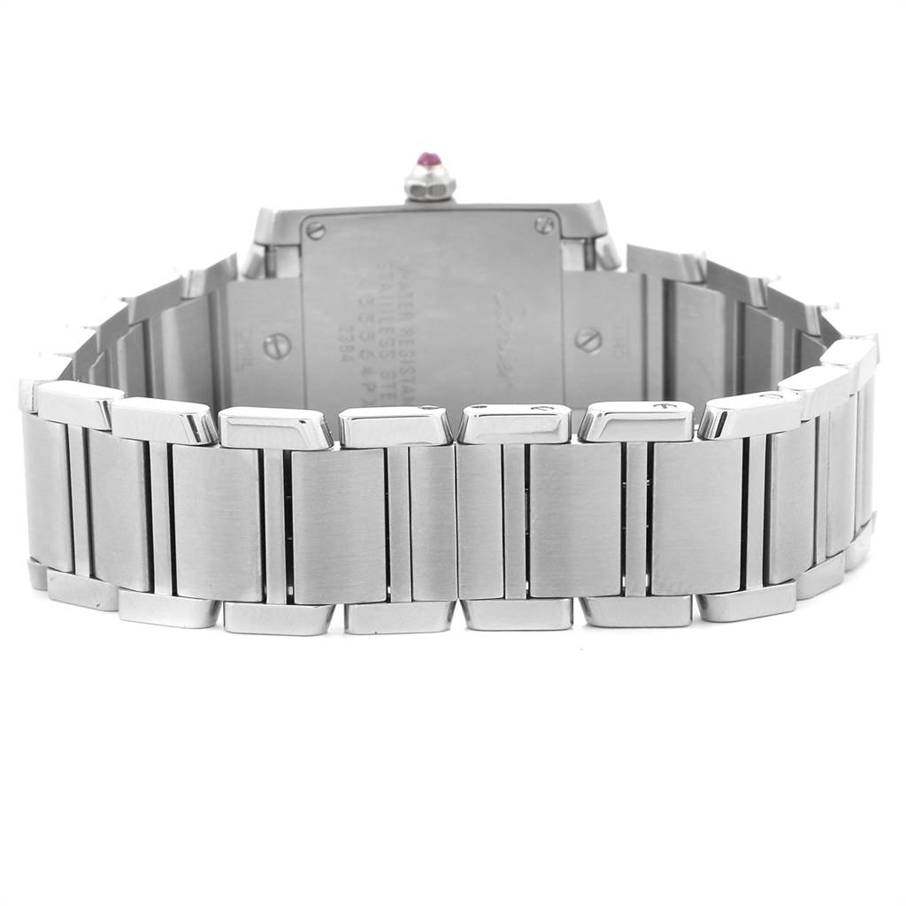The image shows the back view of the stainless steel bracelet and case of the Cartier Tank Francaise W51028Q3 Women's Stainless Steel Mother of Pearl Dial W51028Q3 Women's Stainless Steel Mother of Pearl Dial watch.
