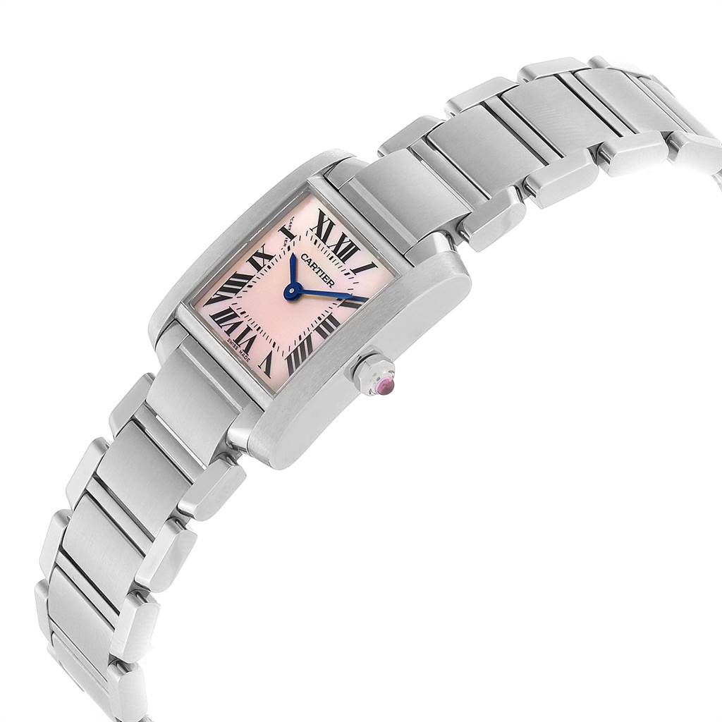 The image shows a Cartier Tank Française watch at an oblique angle, highlighting its bracelet, rectangular case, and pink dial.