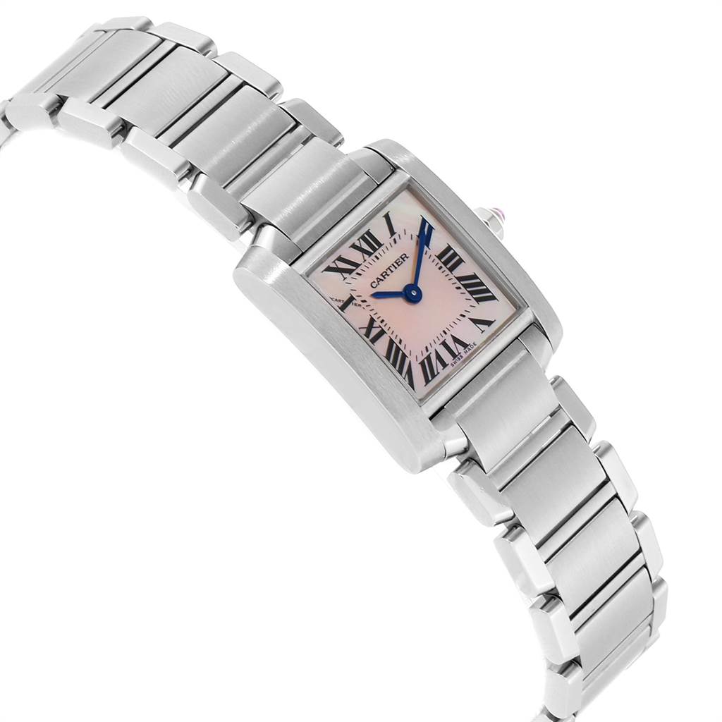 The image shows a Cartier Tank Francaise W51028Q3 Women's Stainless Steel Mother of Pearl Dial W51028Q3 Women's Stainless Steel Mother of Pearl Dial watch at a slight angle, highlighting its stainless steel bracelet and rectangular face with Roman numerals.
