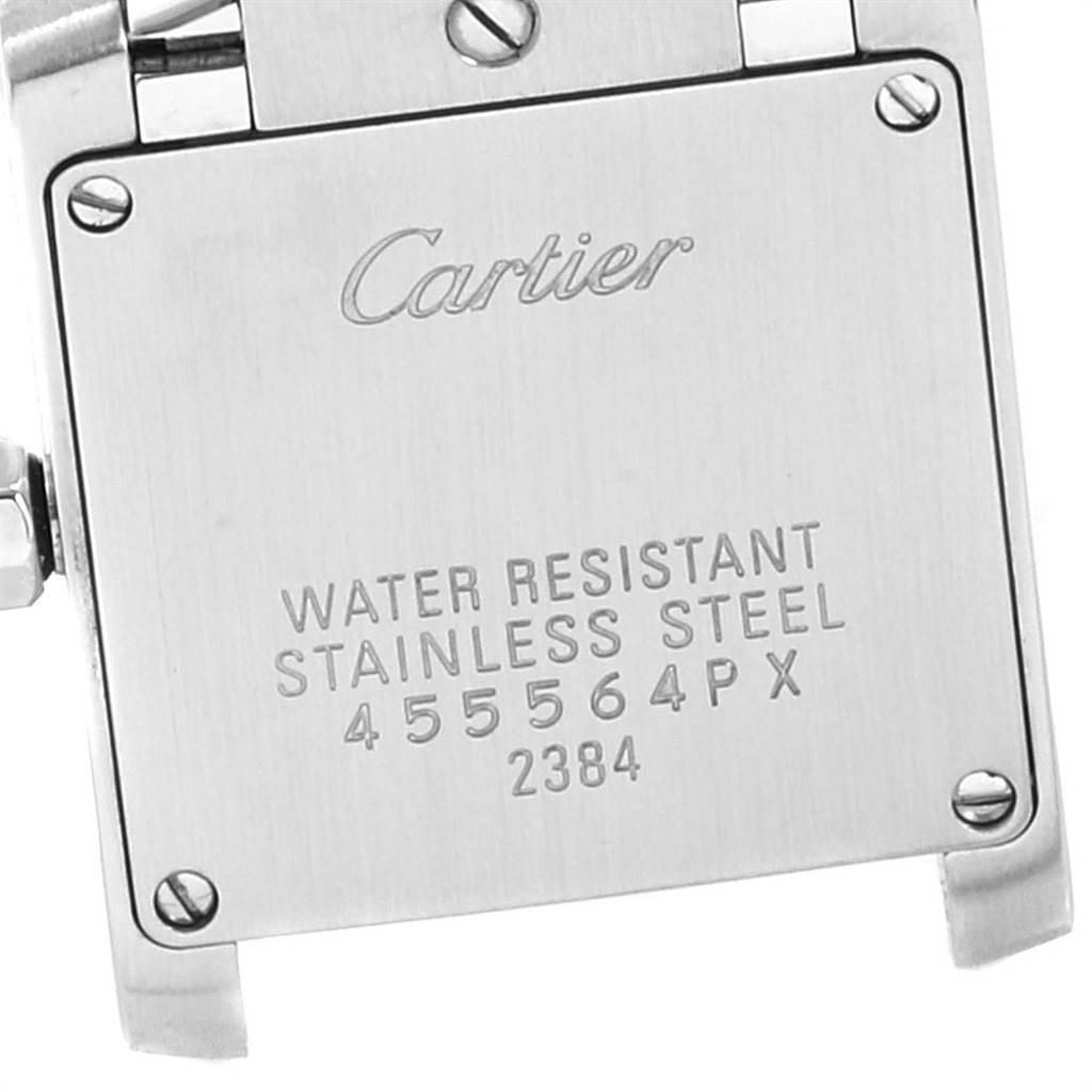 This shows the back view of the Cartier Tank Française watch, highlighting its water resistance and stainless steel case.