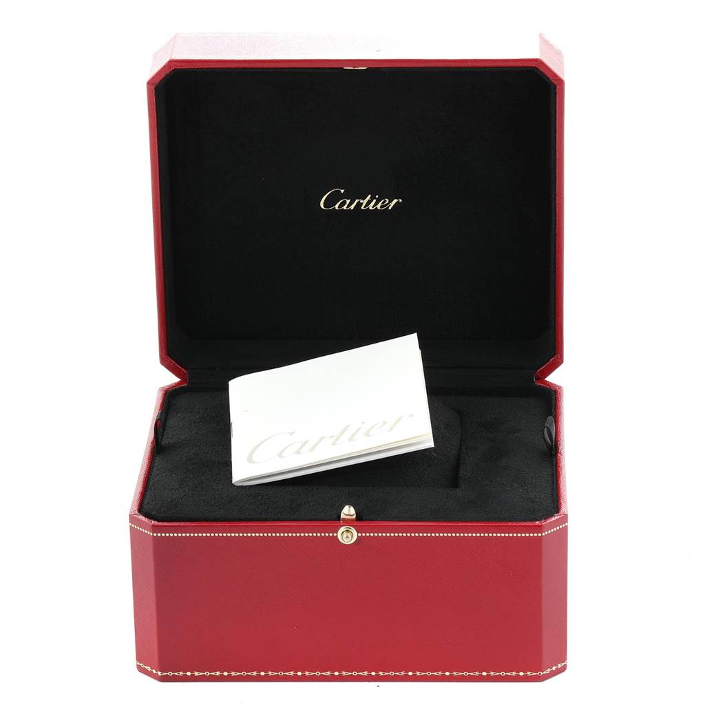 The image shows an open Cartier Tank Francaise W51028Q3 Women's Stainless Steel Mother of Pearl Dial W51028Q3 Women's Stainless Steel Mother of Pearl Dial watch box with a booklet inside, viewed from the front.