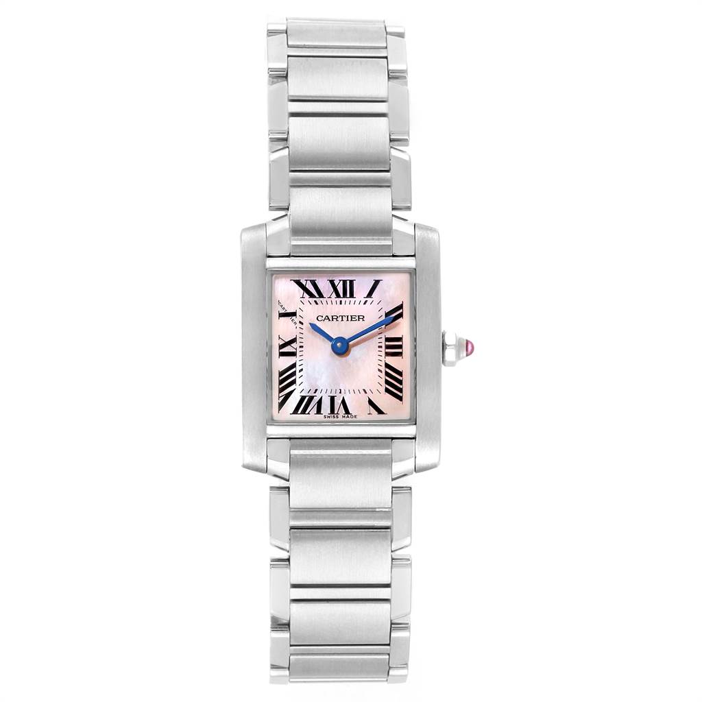 The Cartier Tank Francaise W51028Q3 Women's Stainless Steel Mother of Pearl Dial W51028Q3 Women's Stainless Steel Mother of Pearl Dial watch is shown from a top-down angle, highlighting the face, bezel, crown, and bracelet.