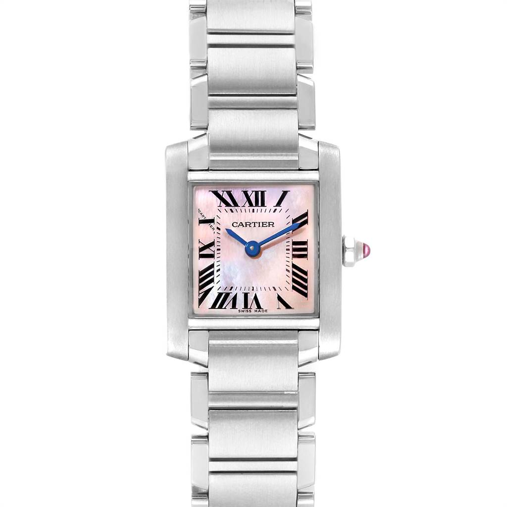 The image shows a frontal view of the Cartier Tank Francaise W51028Q3 Women's Stainless Steel Mother of Pearl Dial W51028Q3 Women's Stainless Steel Mother of Pearl Dial watch, displaying the dial, hands, and a portion of the bracelet.