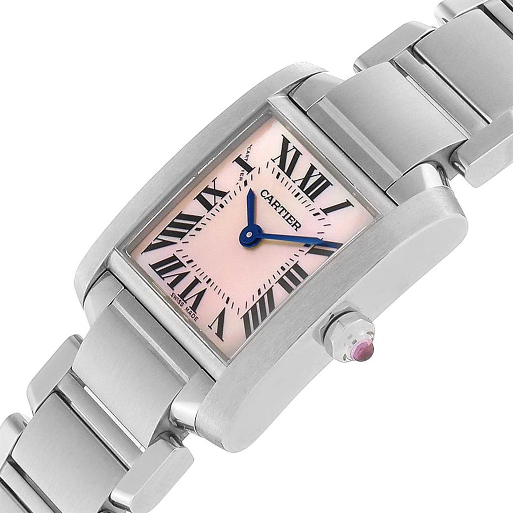 The image shows a close-up, angled view of the Cartier Tank Francaise W51028Q3 Women's Stainless Steel Mother of Pearl Dial W51028Q3 Women's Stainless Steel Mother of Pearl Dial watch, highlighting its face, bracelet, and crown.