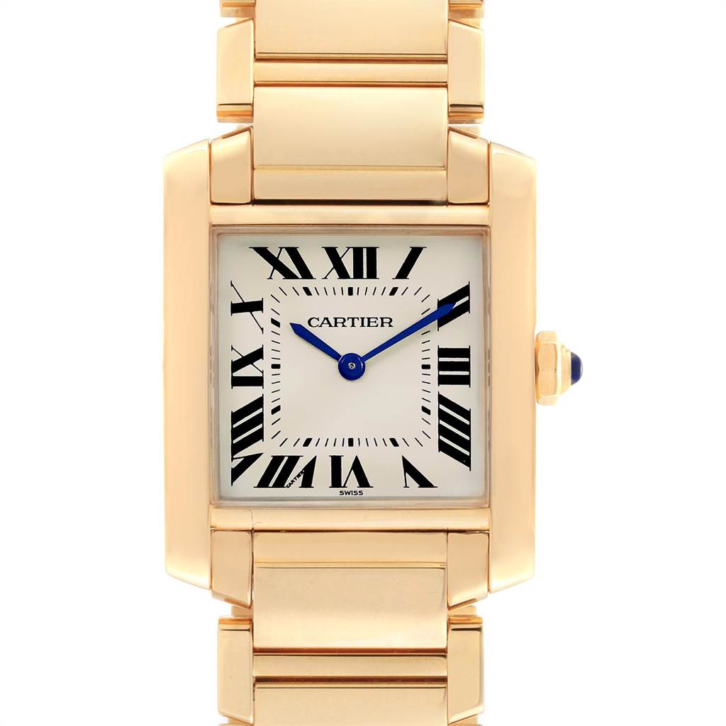 The image shows a front view of the Cartier Tank Francaise W50003N2 Women's Yellow Gold Silver Dial W50003N2 Women's Yellow Gold Silver Dial watch, highlighting the face, bracelet, and crown.