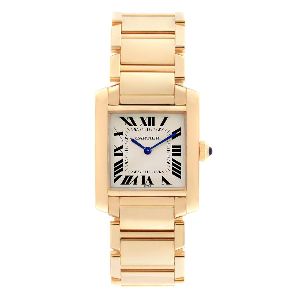 The Tank Francaise by Cartier is shown from a front view, displaying the face, dial, and metal bracelet.