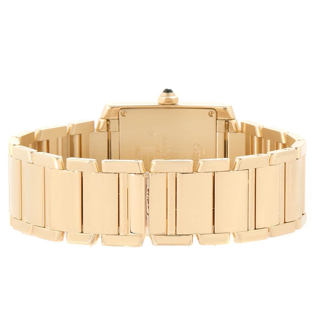 The image shows the back view and bracelet of a Cartier Tank Française watch.