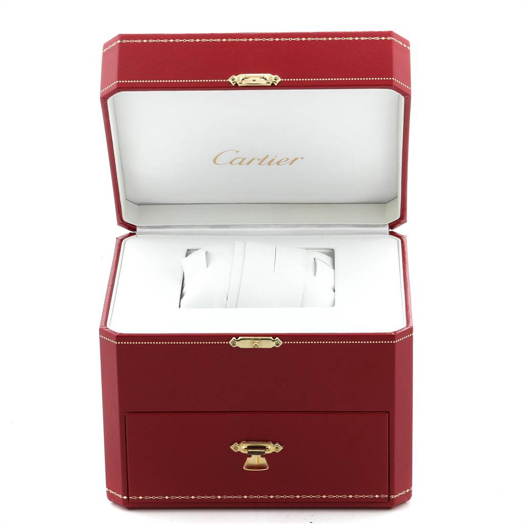 The image shows an open red Cartier box for the Tank Francaise model, displaying an empty cushion inside.