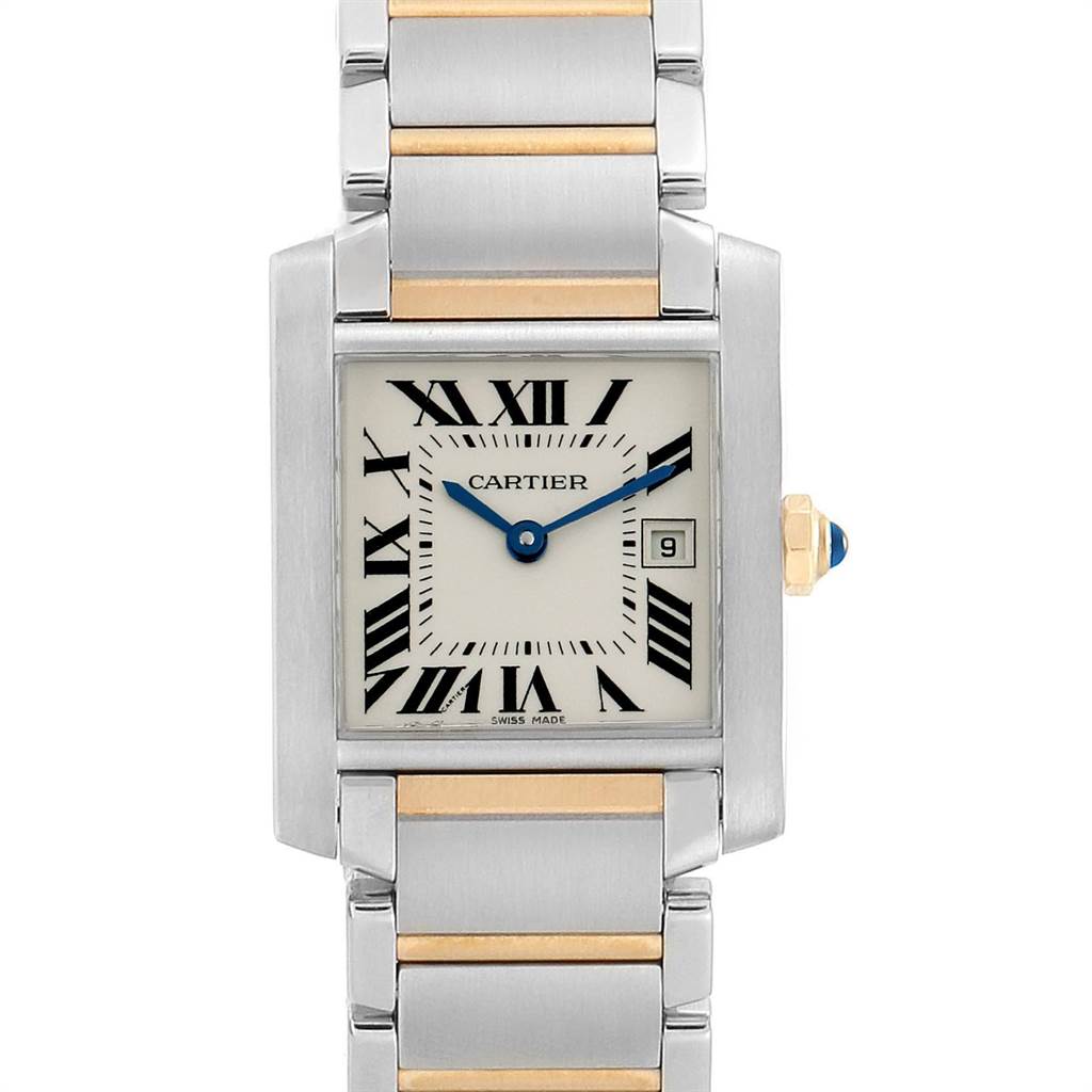 The image shows a straight-on view of a Cartier Tank Française watch, displaying the dial, crown, and part of the metal bracelet.