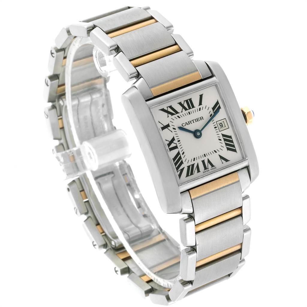 This image shows a Cartier Tank Française watch at a three-quarter angle, highlighting its rectangular case, bezel, and metal bracelet.