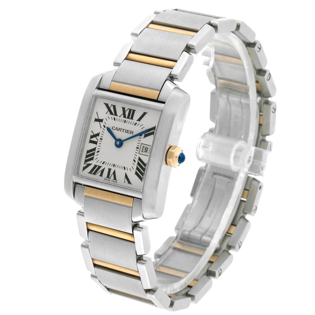 The image shows a Cartier Tank Francaise W51012Q4 Women's Steel and Gold (two tone) Silver Dial W51012Q4 Women's Steel and Gold (two tone) Silver Dial watch from a slightly front-left angle, highlighting its rectangular case, dial, and two-tone bracelet.