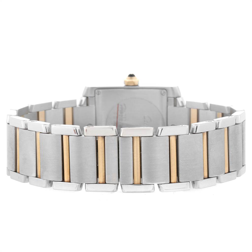 The image shows the back of the Tank Francaise model by Cartier, focusing on its two-tone metal bracelet.