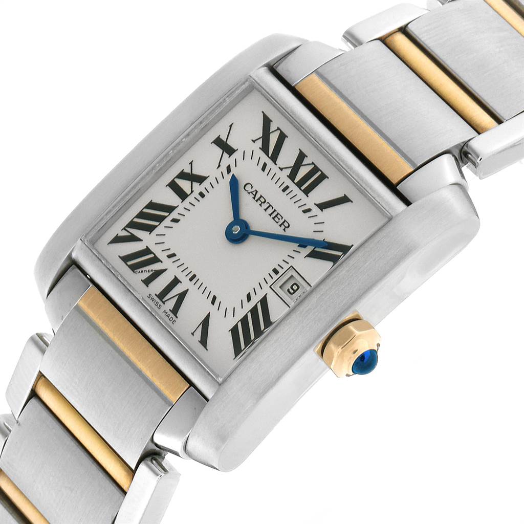 The image shows a Cartier Tank Francaise W51012Q4 Women's Steel and Gold (two tone) Silver Dial W51012Q4 Women's Steel and Gold (two tone) Silver Dial watch angled to display the face, crown, and part of the metal bracelet.