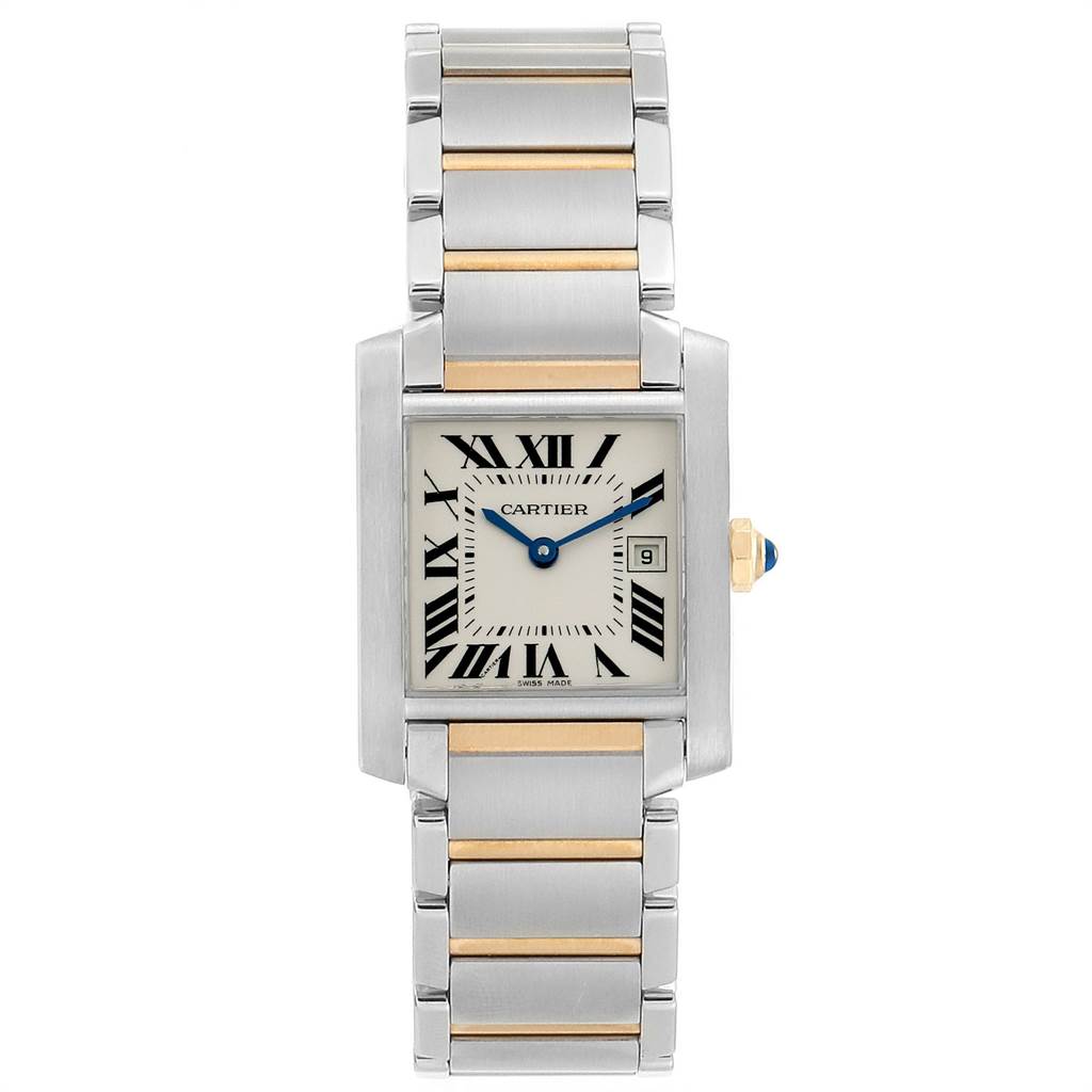 This Cartier Tank Francaise W51012Q4 Women's Steel and Gold (two tone) Silver Dial W51012Q4 Women's Steel and Gold (two tone) Silver Dial watch is shown from a top-down angle, displaying its face, hands, crown, and bracelet.