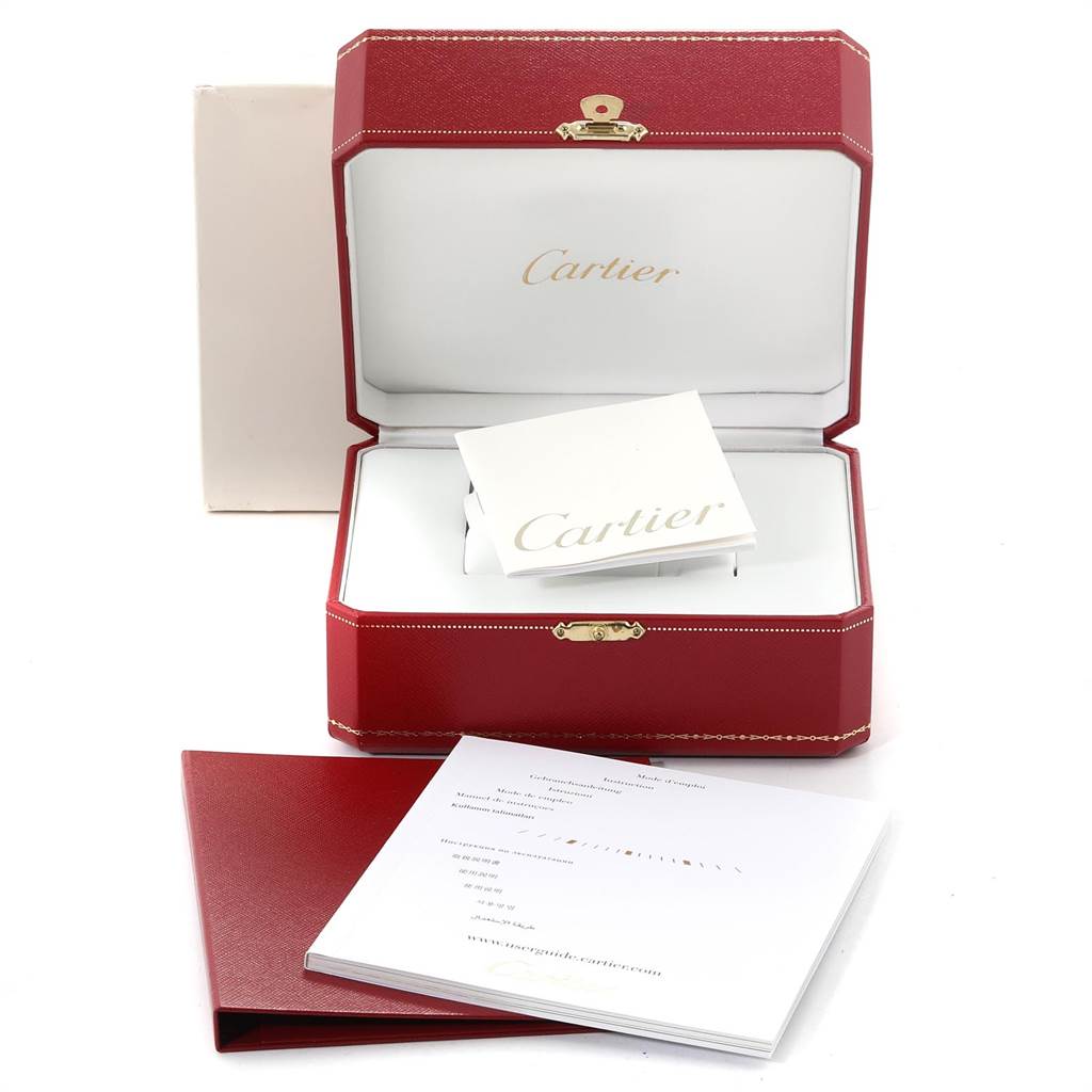 The image shows a Cartier Tank Francaise W51012Q4 Women's Steel and Gold (two tone) Silver Dial W51012Q4 Women's Steel and Gold (two tone) Silver Dial watch box, an opened red leather case, and accompanying paperwork.