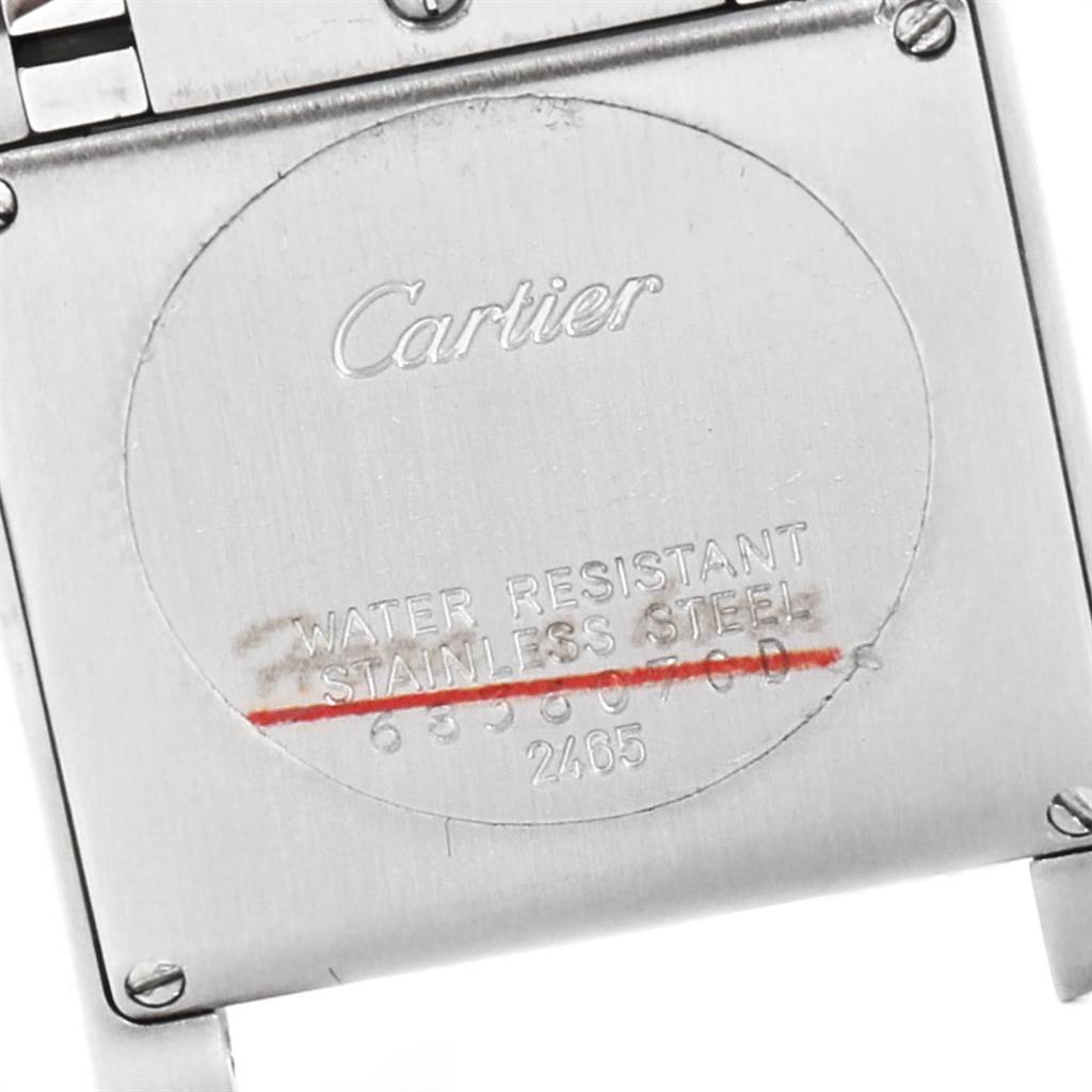 The image shows the back case of a Cartier Tank Francaise W51012Q4 Women's Steel and Gold (two tone) Silver Dial W51012Q4 Women's Steel and Gold (two tone) Silver Dial watch, highlighting the brand name, material, and water resistance information.