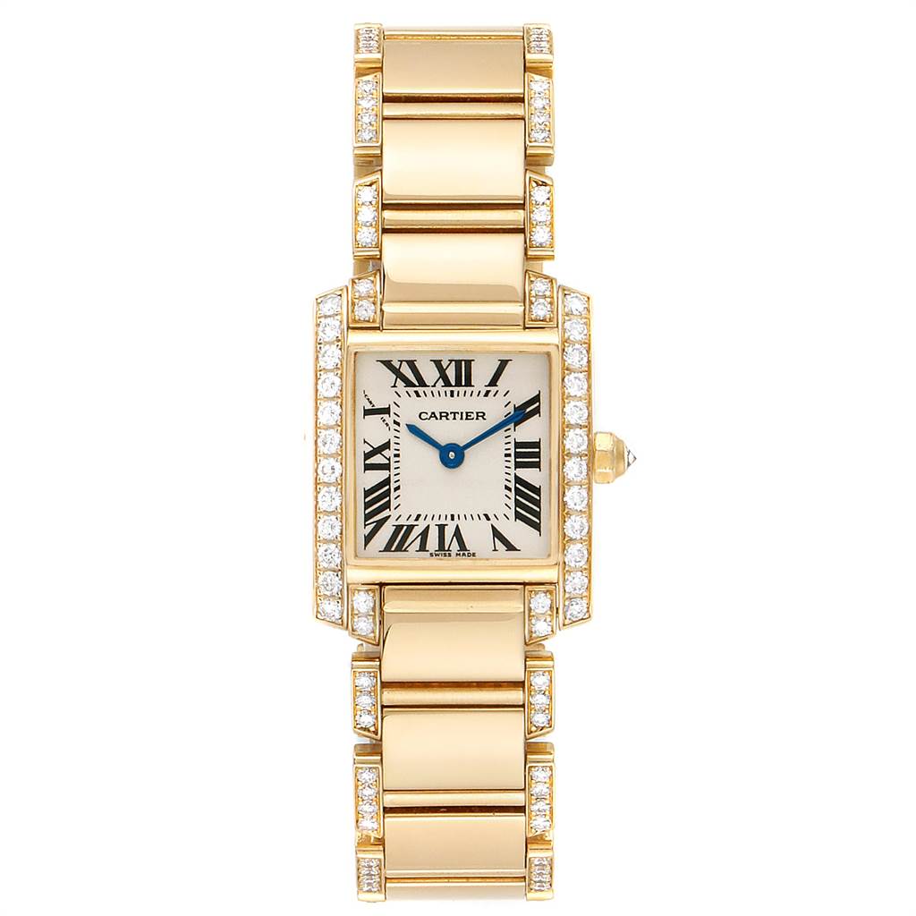 This image shows a top view of the Cartier Tank Française watch with a gold case and diamond accents on the bezel and bracelet.