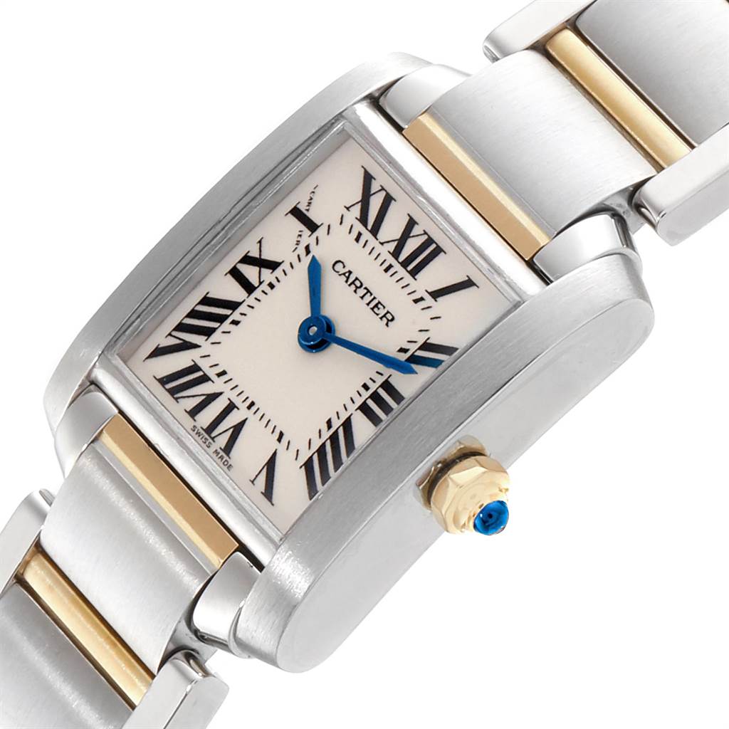 The image shows a close-up angled view of the Cartier Tank Francaise W51007Q4 Women's Steel and Gold (two tone) Silver Dial W51007Q4 Women's Steel and Gold (two tone) Silver Dial watch highlighting the face, Roman numerals, hands, and bracelet.