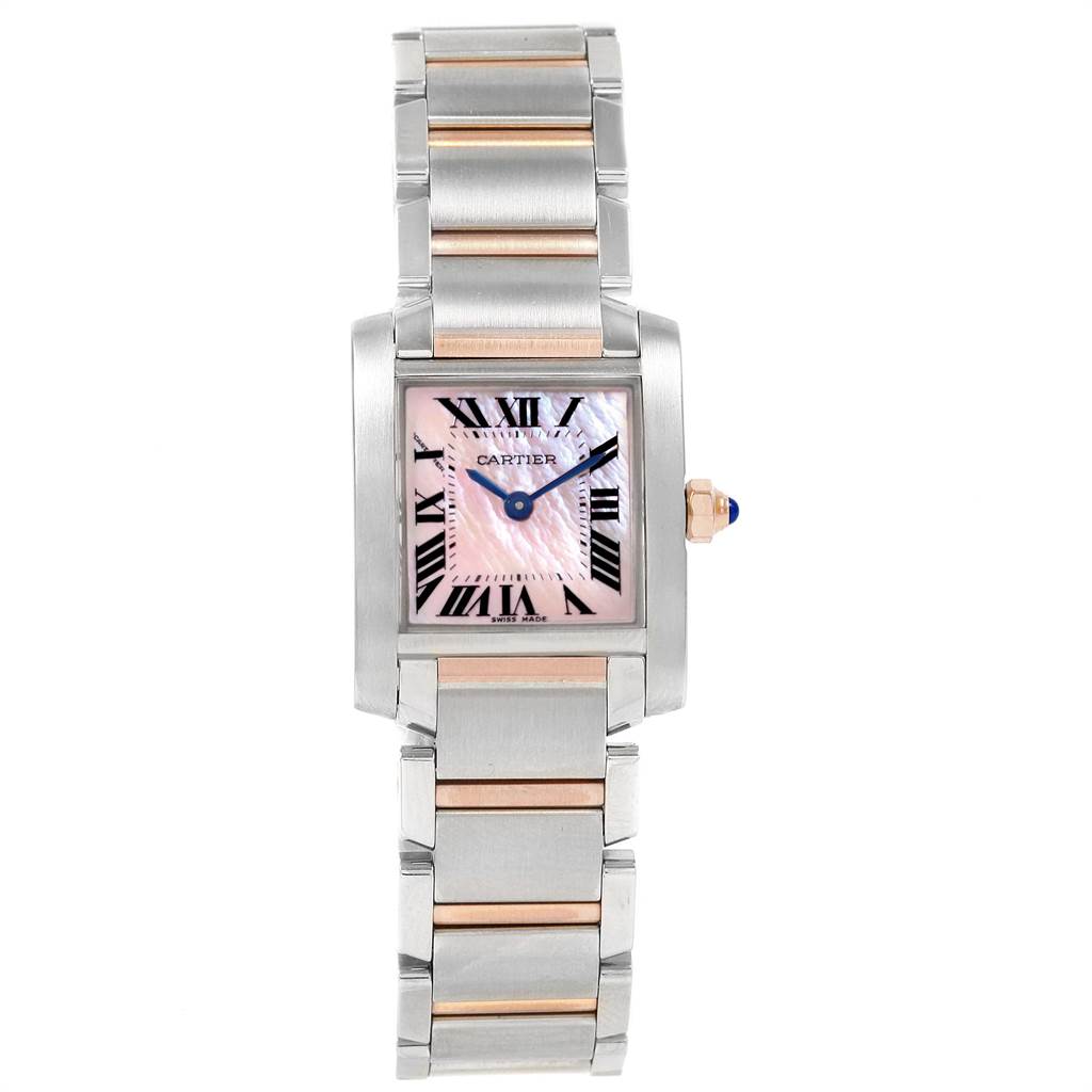 The Cartier Tank Francaise W51027Q4 Women's Steel and Gold (two tone) Mother of Pearl Dial W51027Q4 Women's Steel and Gold (two tone) Mother of Pearl Dial watch is shown from the front, highlighting its pink dial, Roman numerals, and stainless steel and gold bracelet.