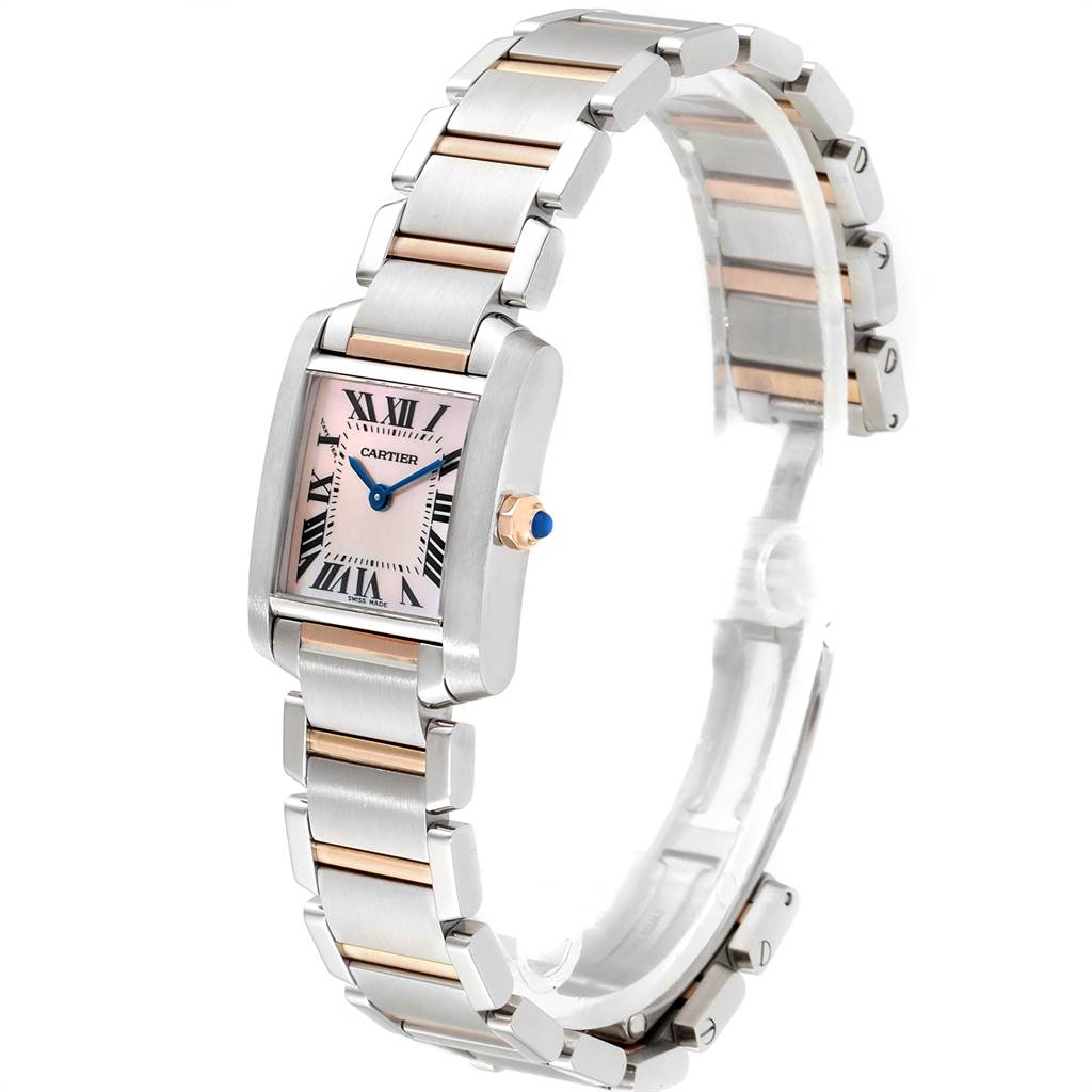 The Cartier Tank Française watch is shown at an angle displaying its rectangular face and two-tone metal bracelet.