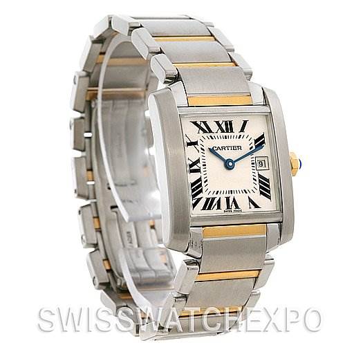 This image shows a side-angle view of a Cartier Tank Française watch, displaying its face and part of its metal bracelet.