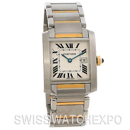The image shows a Cartier Tank Francaise W51012Q4 Women's Yellow Gold Silver Dial W51012Q4 Women's Yellow Gold Silver Dial watch from a frontal angle, displaying its bracelet, dial, and part of the crown.