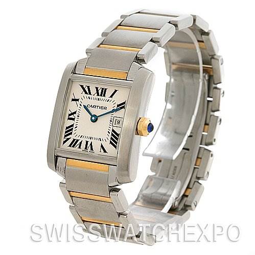 The image shows a Cartier Tank Française model watch at a three-quarter angle, displaying the face, crown, and bracelet.
