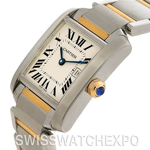 The Cartier Tank Française watch is shown at an angle, highlighting the side view, face, crown, and part of the bracelet.