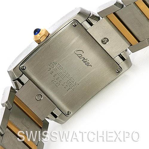 The image shows the back side of a Cartier Tank Francaise W51012Q4 Women's Yellow Gold Silver Dial W51012Q4 Women's Yellow Gold Silver Dial watch, including the case back, crown, and part of the bracelet.