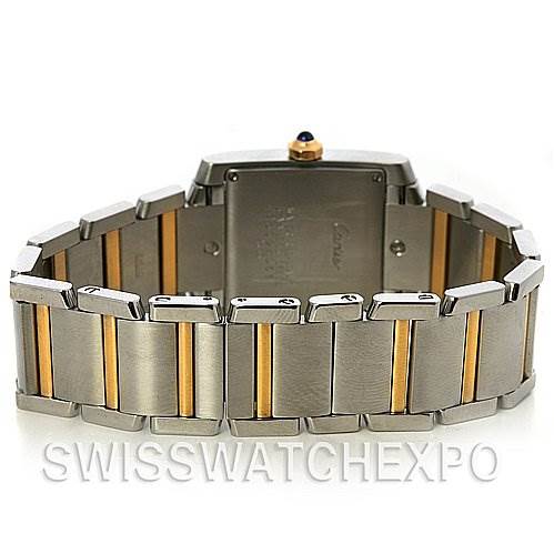 The image shows the back view of the Tank Française model by Cartier, focusing on the two-tone bracelet and case back.