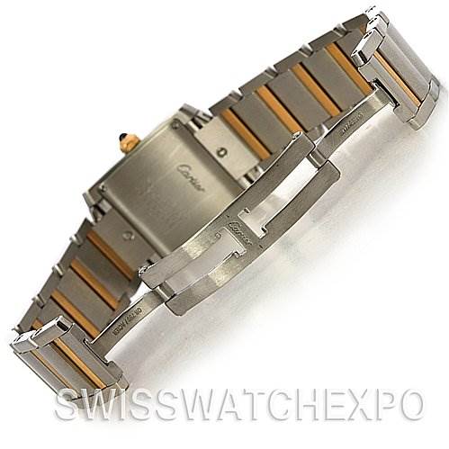 The image shows the back view of the Cartier Tank Francaise W51012Q4 Women's Yellow Gold Silver Dial W51012Q4 Women's Yellow Gold Silver Dial watch, focusing on its bracelet and clasp.