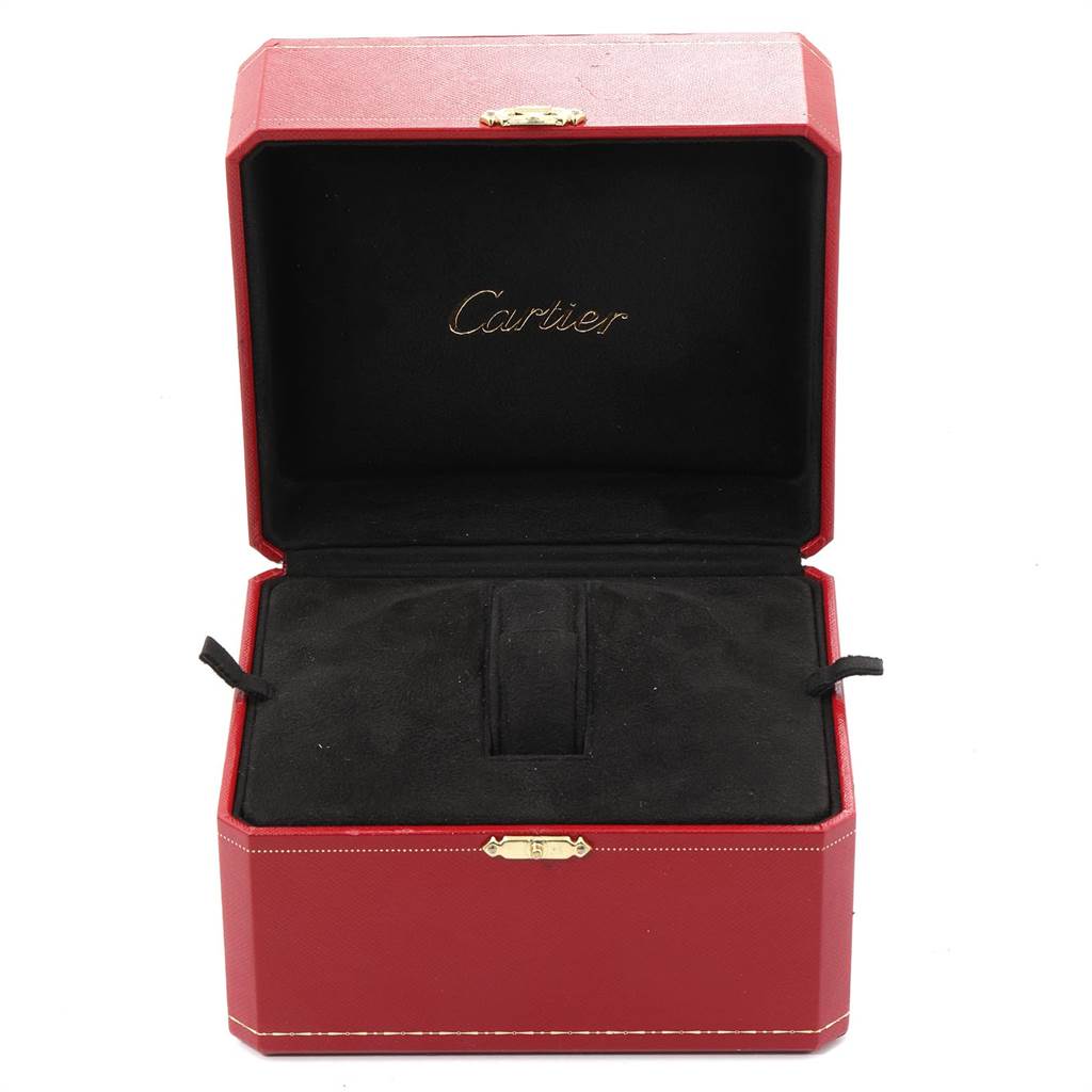 This image shows an open Cartier watch box for the Tank Francaise model, revealing a black interior with the Cartier logo.