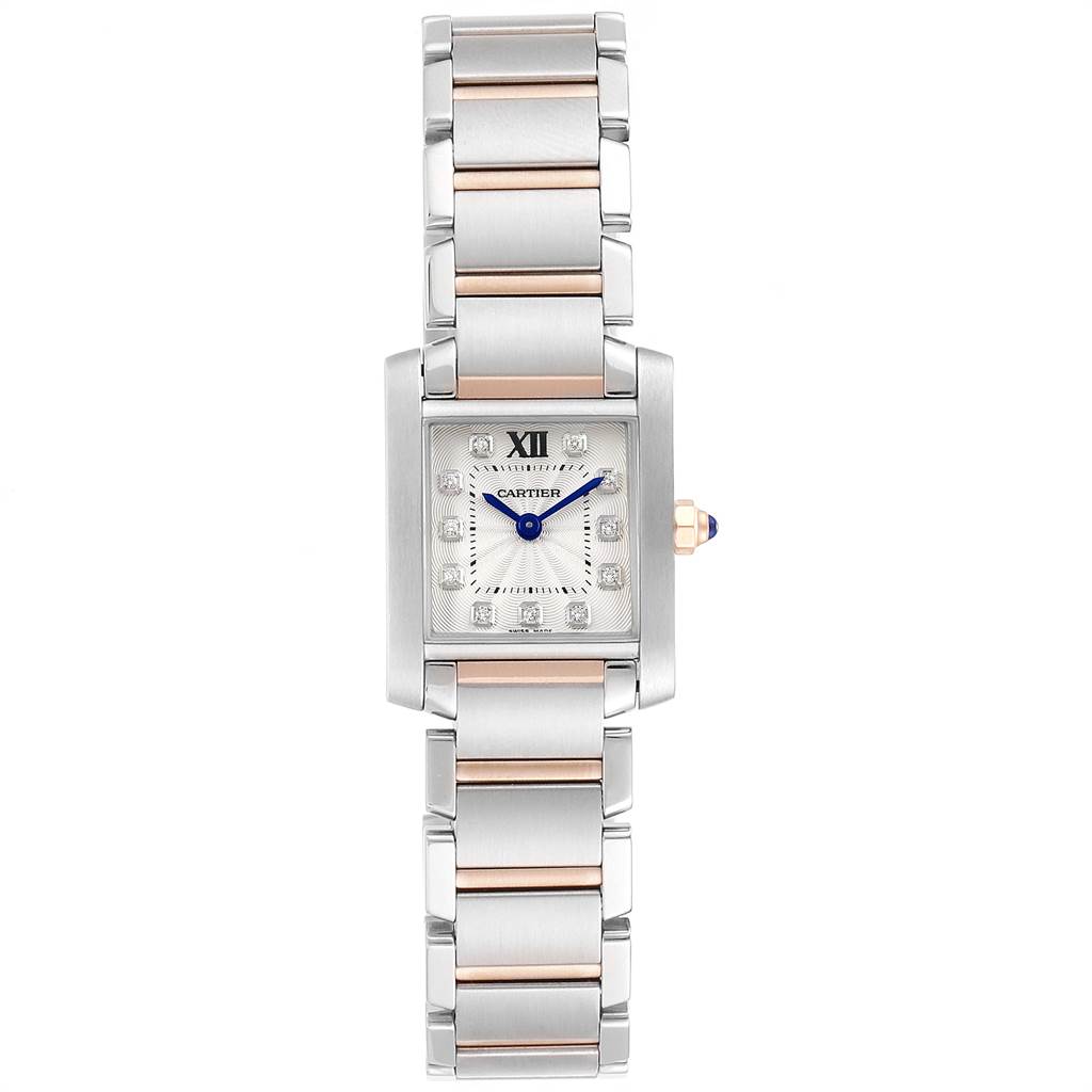 The image shows a front view of the Cartier Tank Française watch, highlighting the face, hands, and metal bracelet.