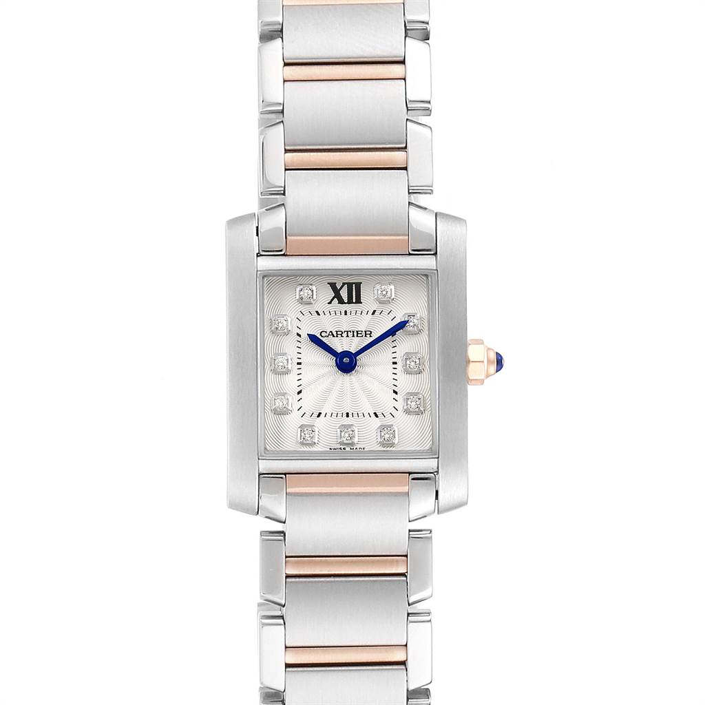 The image shows a front view of the Cartier Tank Francaise WE110004 Women's Steel and Gold (two tone) Silver Dial WE110004 Women's Steel and Gold (two tone) Silver Dial watch, highlighting its dial, crown, and metal bracelet.