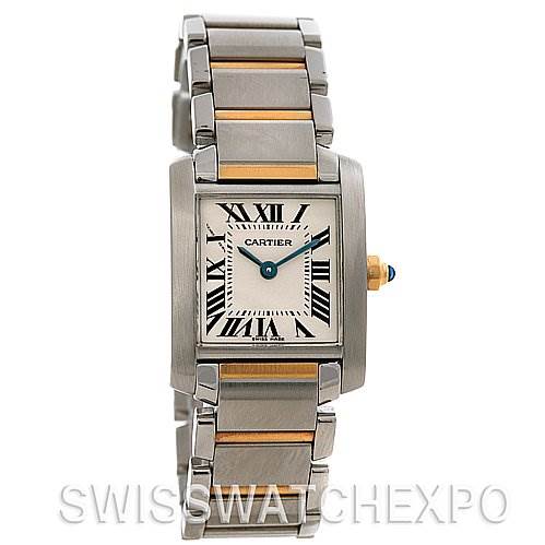 This image shows a Cartier Tank Française watch from the front, highlighting its face, Roman numerals, and two-tone bracelet.