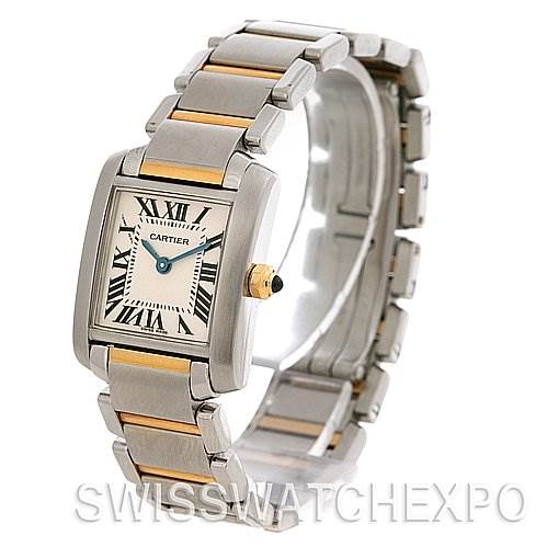 The image shows a Cartier Tank Francaise W51007Q4 Women's Yellow Gold Silver Dial W51007Q4 Women's Yellow Gold Silver Dial watch from an angled front view, highlighting its rectangular dial and metal bracelet.