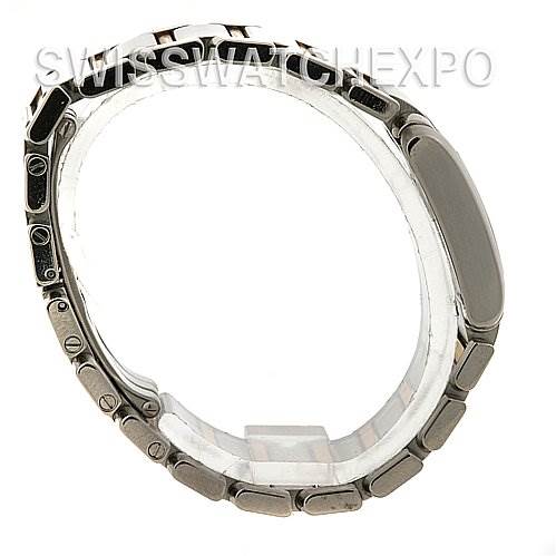 The image shows a Cartier Tank Française watch side profile, highlighting its linked bracelet.