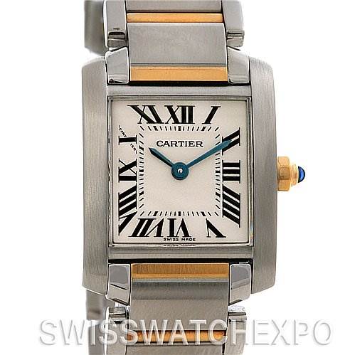 The image shows a front view of the Cartier Tank Francaise W51007Q4 Women's Yellow Gold Silver Dial W51007Q4 Women's Yellow Gold Silver Dial watch, highlighting its dial, bezel, and part of the bracelet.