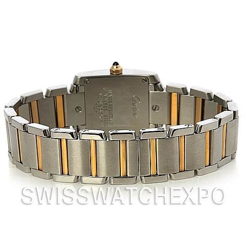 The image shows the back view of the Cartier Tank Francaise W51007Q4 Women's Yellow Gold Silver Dial W51007Q4 Women's Yellow Gold Silver Dial watch, focusing on the metal and gold-tone bracelet.