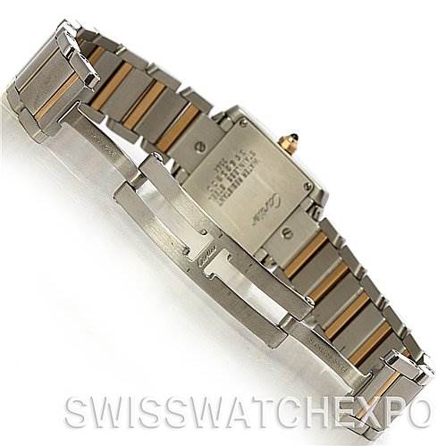 This image shows the back and bracelet of a Cartier Tank Française watch, highlighting the clasp and case back.
