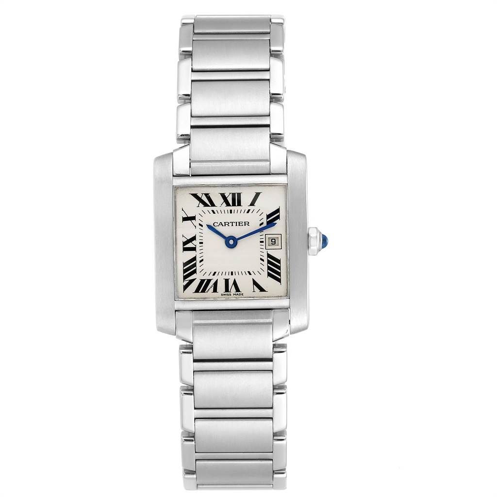 This image shows a frontal view of the Cartier Tank Francaise W51011Q3 Women's Stainless Steel Silver Dial W51011Q3 Women's Stainless Steel Silver Dial watch, highlighting the face and metal bracelet.
