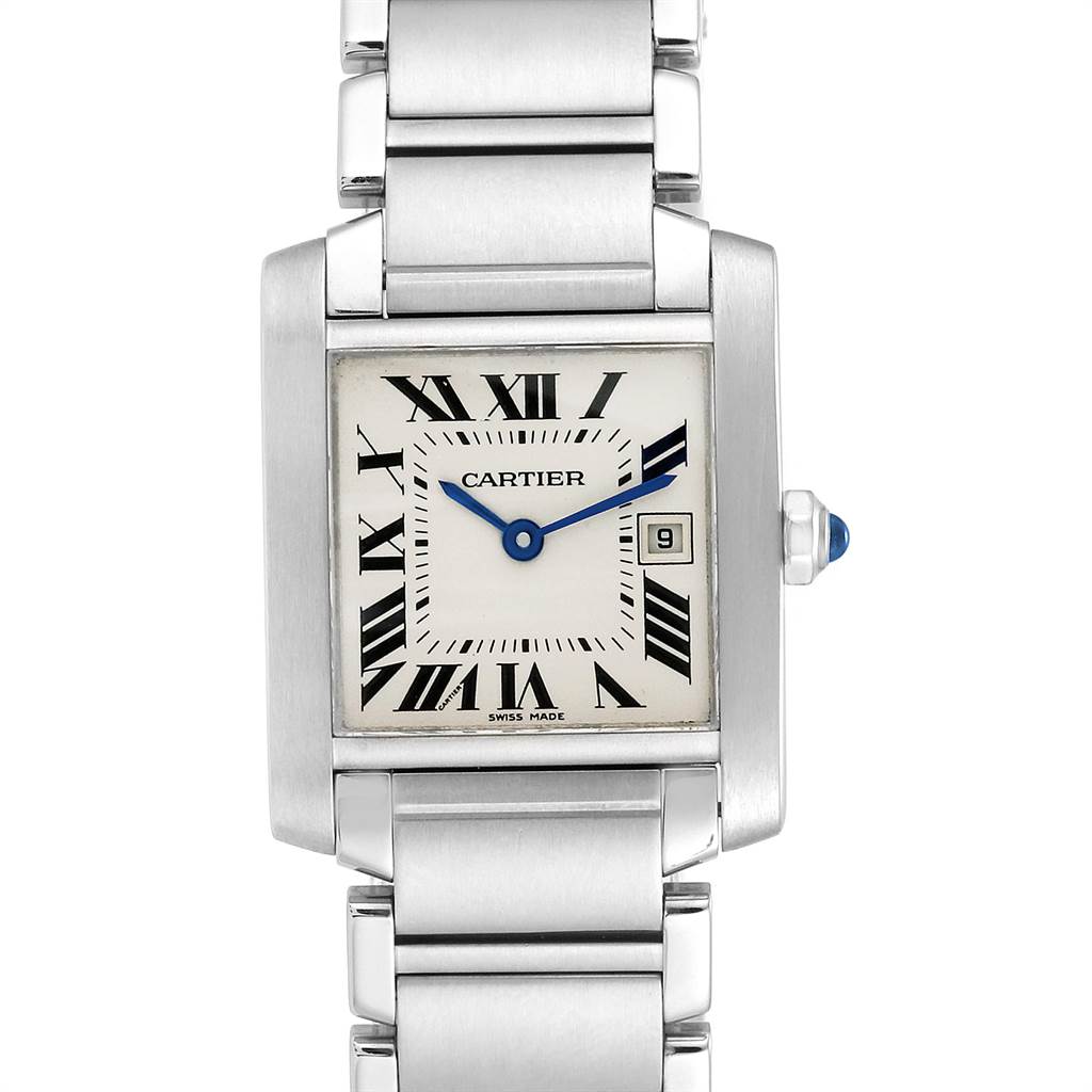 The image shows a Cartier Tank Française watch from a front view, displaying its face, Roman numerals, and metal bracelet.