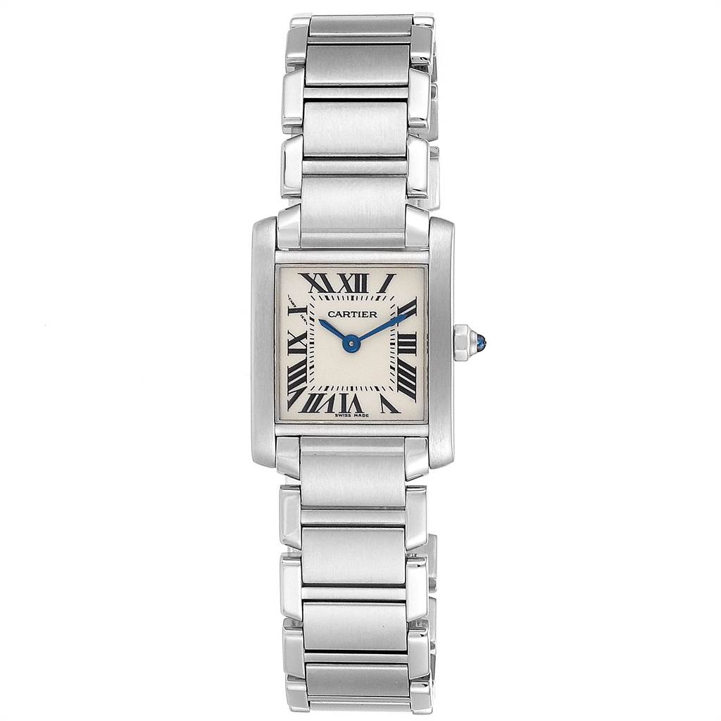 This image shows a front view of the Cartier Tank Francaise W51008Q3 Women's Stainless Steel Silver Dial W51008Q3 Women's Stainless Steel Silver Dial watch, highlighting its rectangular face and metal bracelet.