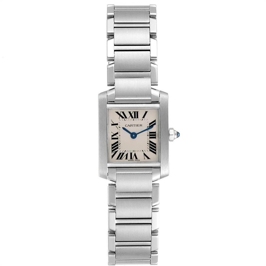 The image shows a Cartier Tank Francaise W51008Q3 Women's Stainless Steel Silver Dial W51008Q3 Women's Stainless Steel Silver Dial watch with a stainless steel strap and square face viewed from the front.
