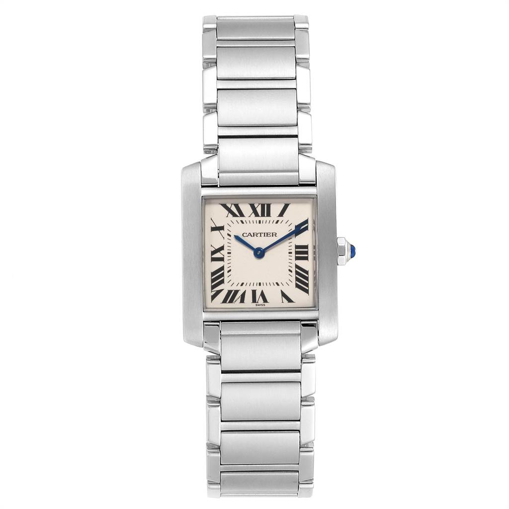 This image shows a front view of the Cartier Tank Française watch, displaying its square face and metal bracelet.