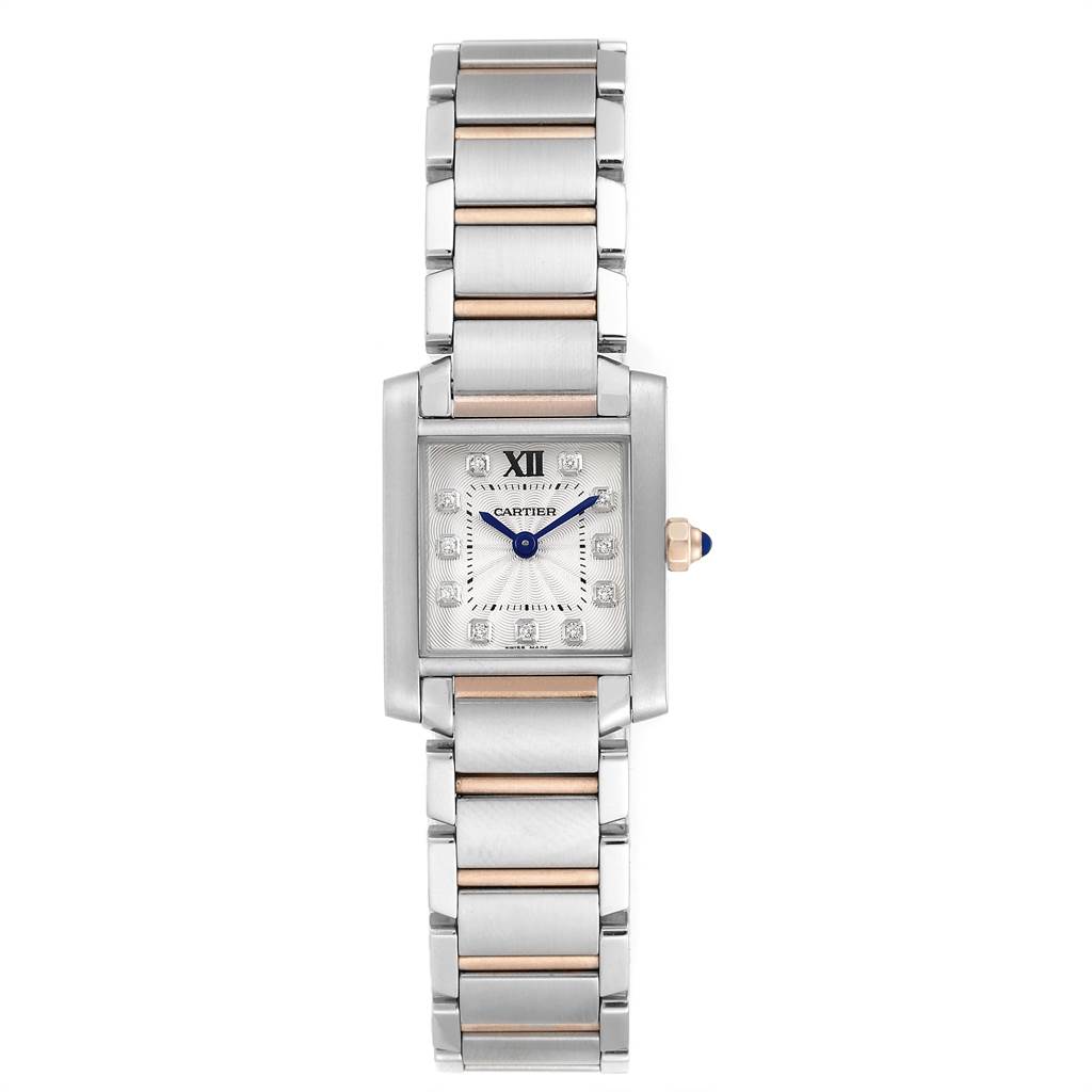 The image shows a front view of a Cartier Tank Francaise WE110004 Women's Steel and Gold (two tone) Silver Dial WE110004 Women's Steel and Gold (two tone) Silver Dial watch, highlighting its face, bracelet, and crown.