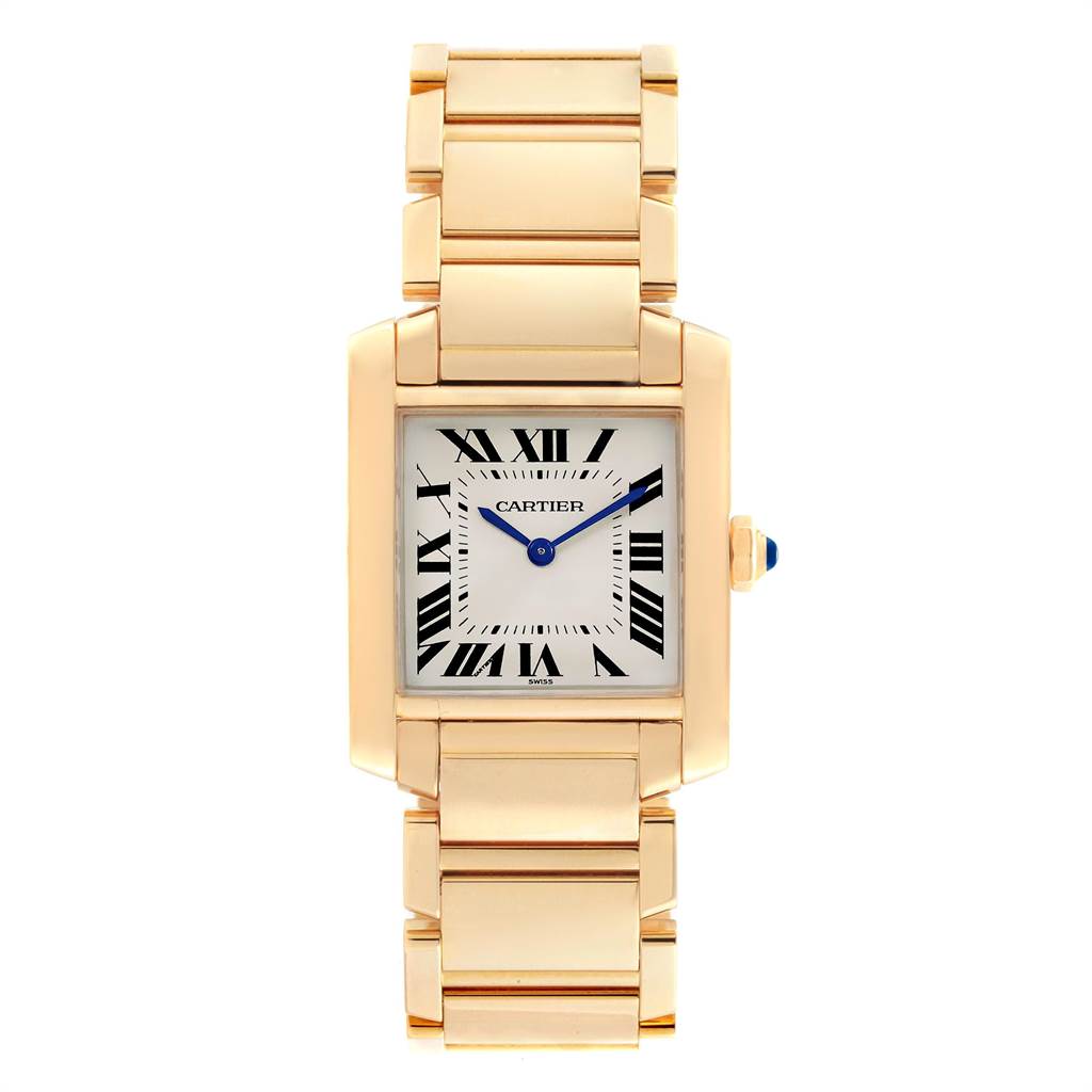 The image shows a front view of a Cartier Tank Francaise W50003N2 Women's Yellow Gold Silver Dial W50003N2 Women's Yellow Gold Silver Dial watch, highlighting its gold case, gold bracelet, and white dial with Roman numerals.