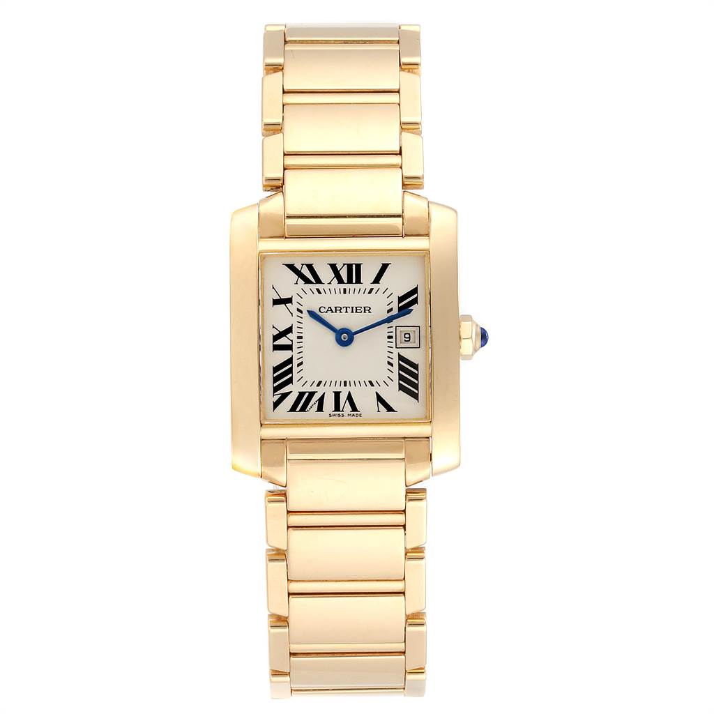 The image shows a front view of the Cartier Tank Francaise W50014N2 Women's Yellow Gold Silver Dial W50014N2 Women's Yellow Gold Silver Dial watch, highlighting its gold bracelet, rectangular face, and Roman numerals.