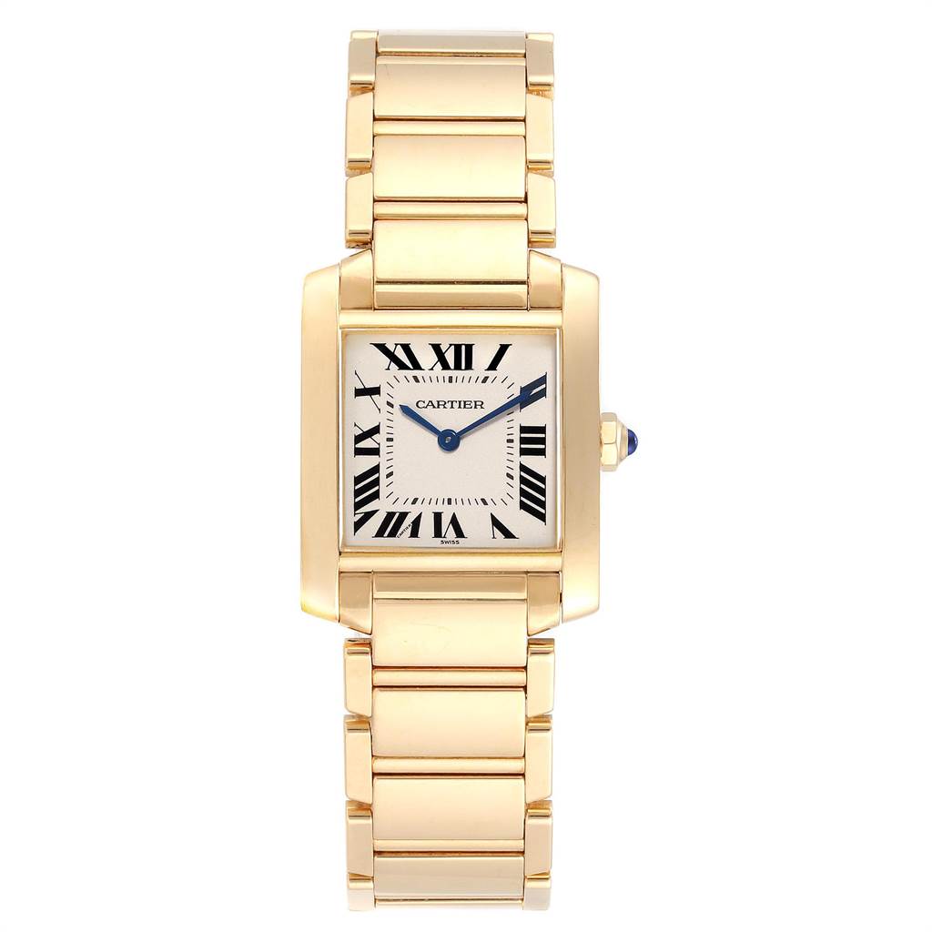 This image shows a front view of the Cartier Tank Francaise W50003N2 Women's Yellow Gold Silver Dial W50003N2 Women's Yellow Gold Silver Dial watch, highlighting its rectangular face, Roman numerals, and gold bracelet.
